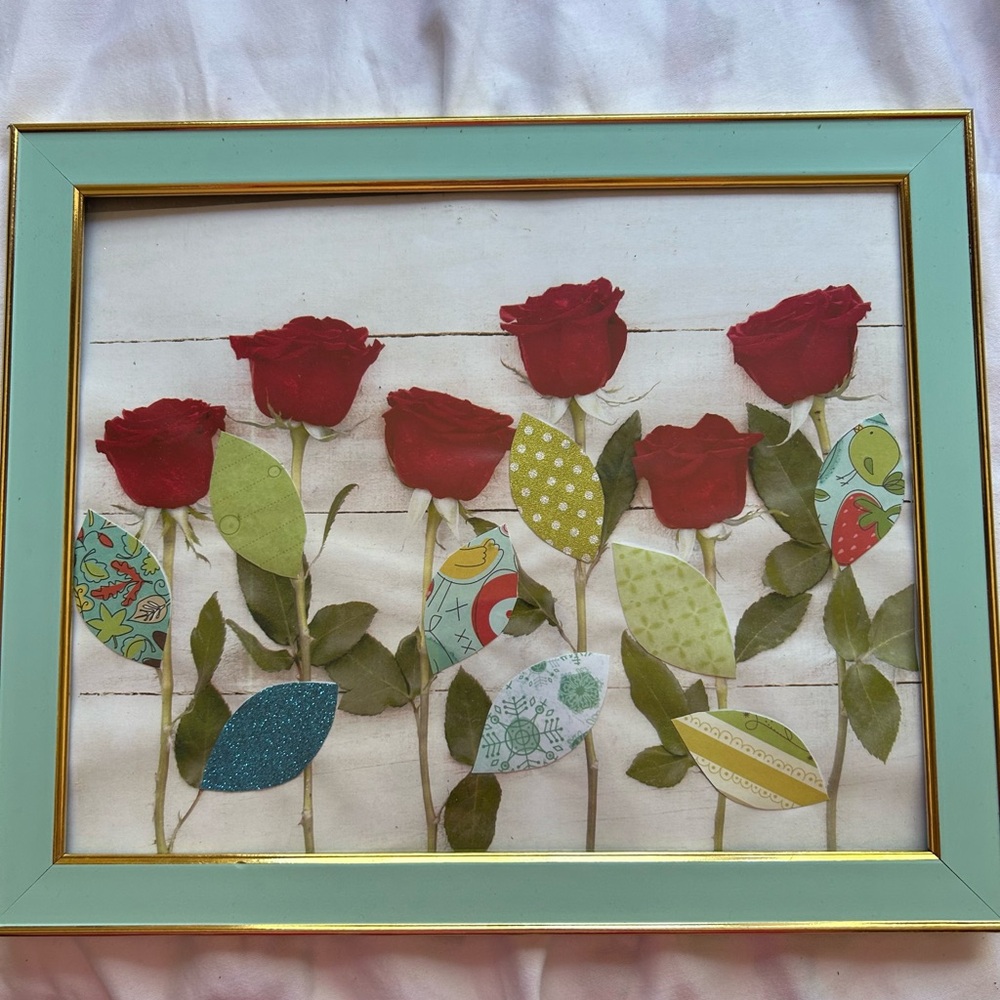 Framed Red Rose Artwork with Teal Frame
